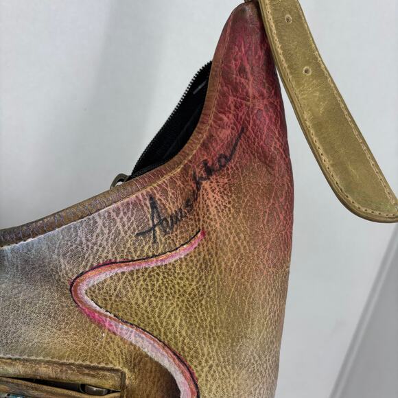 Anuschka Shoulder Bag Leather Hibiscus Flower Butterfly Hand Painted Handbag - Picture 14 of 14